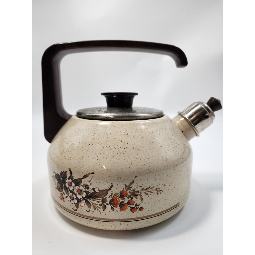 Vintage Enamel Tea Kettle Floral Speckled Cream Retro Whistling Stovetop Pot